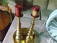 Gold colored metal tray & 2 candlesticks