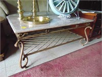 Marble top, wrought iron railing coffee table