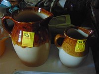 2 Roseville, OH brown/white stoneware pitchets