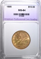 1895 $10.00 GOLD LIBERTY, APCG CH/GEM BU