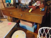 Oak library table, 1 drawer, unusual legs.