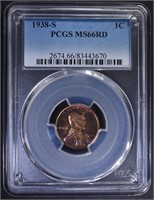1938-S LINCOLN CENT PCGS MS-66 RED