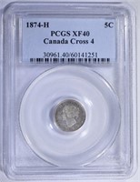 1874-H CANADA FIVE CENT PCGS XF40 CROSS 4