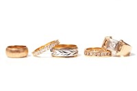 Four gold rings and bands, one gold filled ring