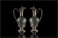 Pair French etched glass & silverplate claret jugs