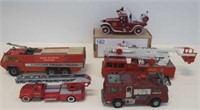 Five various fire trucks includes clockwork toy