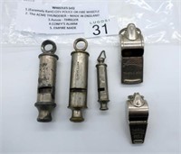 Five vintage Police whistles