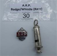 A.R.P rare badge and whistle 8.5cm