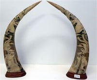 Pair large antique carved horns on stands