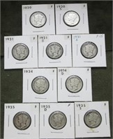 (10) Mercury Dimes '30,'31,'34,'35 Different Mint