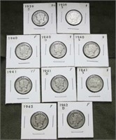 (10) Mercury Dimes '39-'42 Different Mints