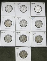 (10) Mercury Dimes '36-'39 Different Mints