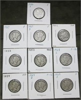 (10) Mercury Dimes '26-'29 Different Mints
