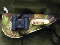 (3) Binoculars, deer knife & camo gun case