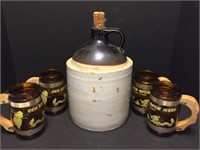 Lot of corn mash jug and 4 amber glass mugs