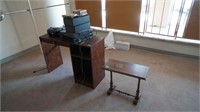 wood desk with wood side table and CD player