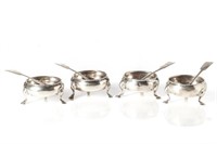 Four 18th C English silver salts & spoons