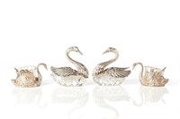 Two pairs of cut glass and silver swan form salts