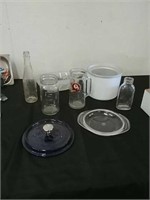 Vintage mason jar, soda bottle, glassware, and
