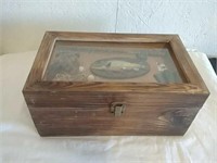Wood storage box with decorative fisherman shadow
