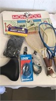 Rackets, monopoly board game, bike seat, and more