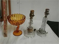 Amber glass dish and two glass table lamps