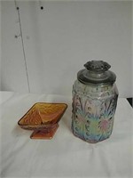 Carnival glass jar with lid and dish