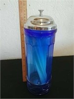 Vintage blue glass straw keeper