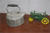 Old Tea Kettle and Cast Iron John Deere Tractor