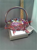 Fenton iridized / carnival red glass basket -