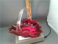 Red glass basket Art Deco with clear handle