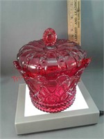 Fostoria red king's crown covered candy dish with