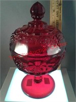 Red glass compote with lid - paneled grape