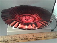 Red glass dish / plate - gently scalloped trim