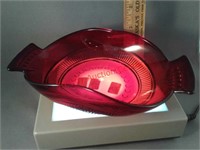 Red relish dish - two-handled - pinch trim with