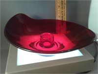 Viking red glass shallow oval dish candle holder