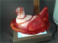 Hen on Nest slag dish red and white - 6 1/2" x 5
