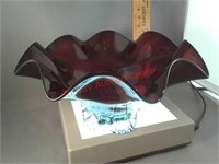 Red Art Deco glass bowl handmade - flared and
