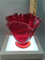 Red fluted glass vase with collared base - 4 1/2"