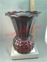 Anchor Hocking red glass vase with crimped and