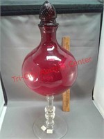 Red glass decanter w/ stopper - ornate clear