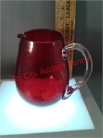 Crackled glass red Art Deco pitcher handmade