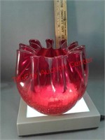 Red crackle glass bowl heavily crimped art deco -