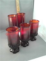 Set of 5 Tiffin glass co footed red goblets heavy