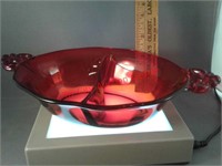 Divided red glass relish Dish - handles of