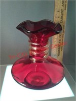 Red vase with amberina coils decorating neck -
