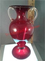 Red glass decorative vase - 2 clear handles -