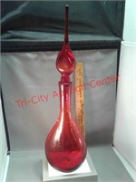 Tall crackle glass red decanter with Stopper -
