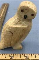 4" Carved walrus jaw bone owl with inset baleen no