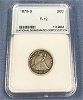 1875 S seated Liberty twenty cent piece NMC graded